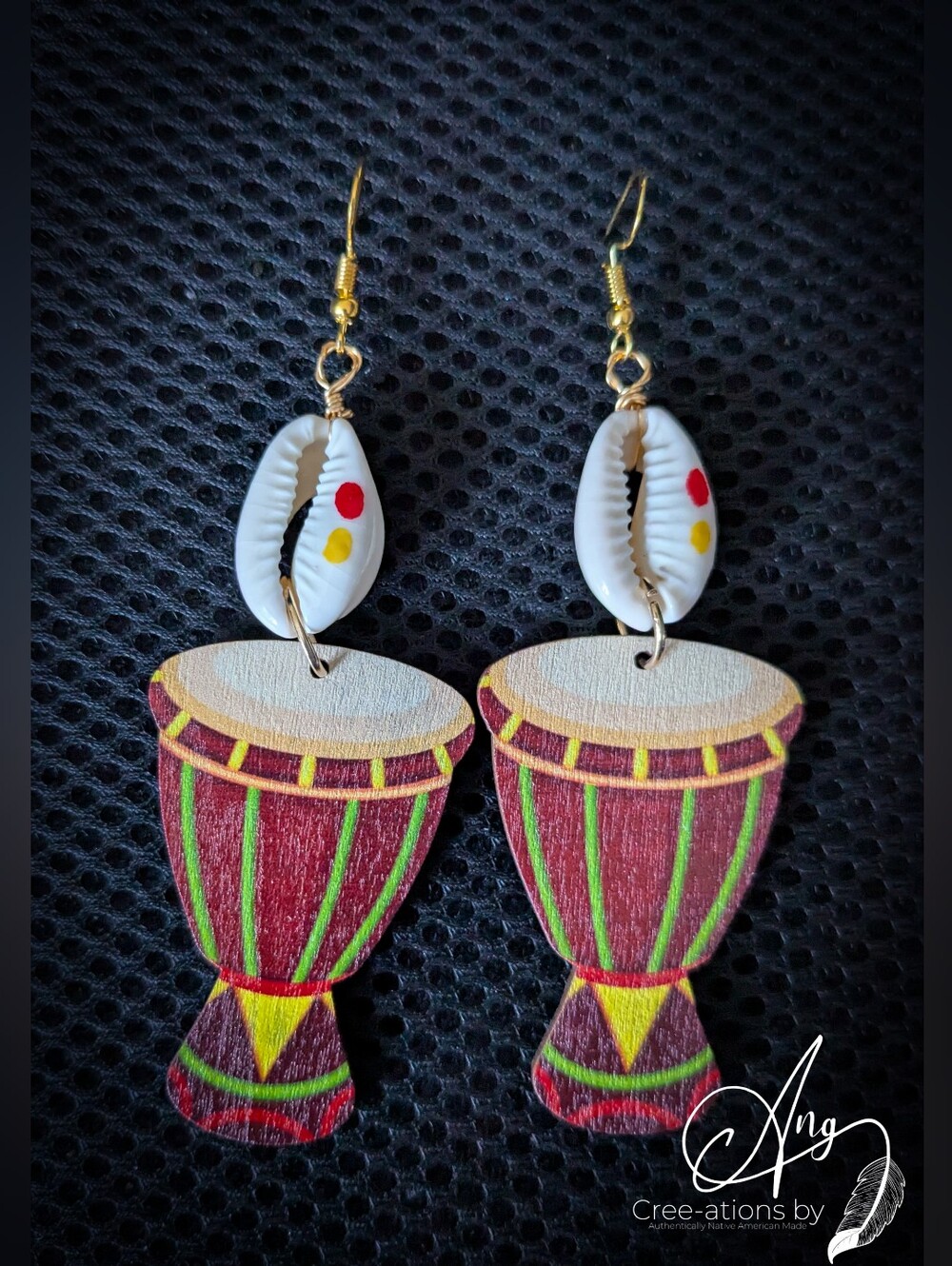 Tribal Djembe Drum & Cowrie Shell Dangle Earrings